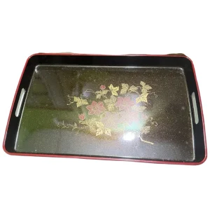 Khay Sơn Mài Nhật Bản Đen Kim Tuyến Cao Cấp – Hoa Phù Dung – Viền Đỏ Chu Sa – Full Hộp Gốc